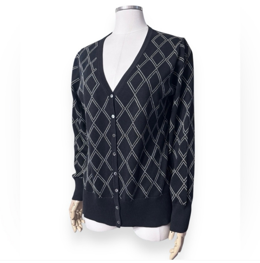 BROOKS BROTHERS Black & White Argyle Embroidered V Neck Cardigan Silk Bl…